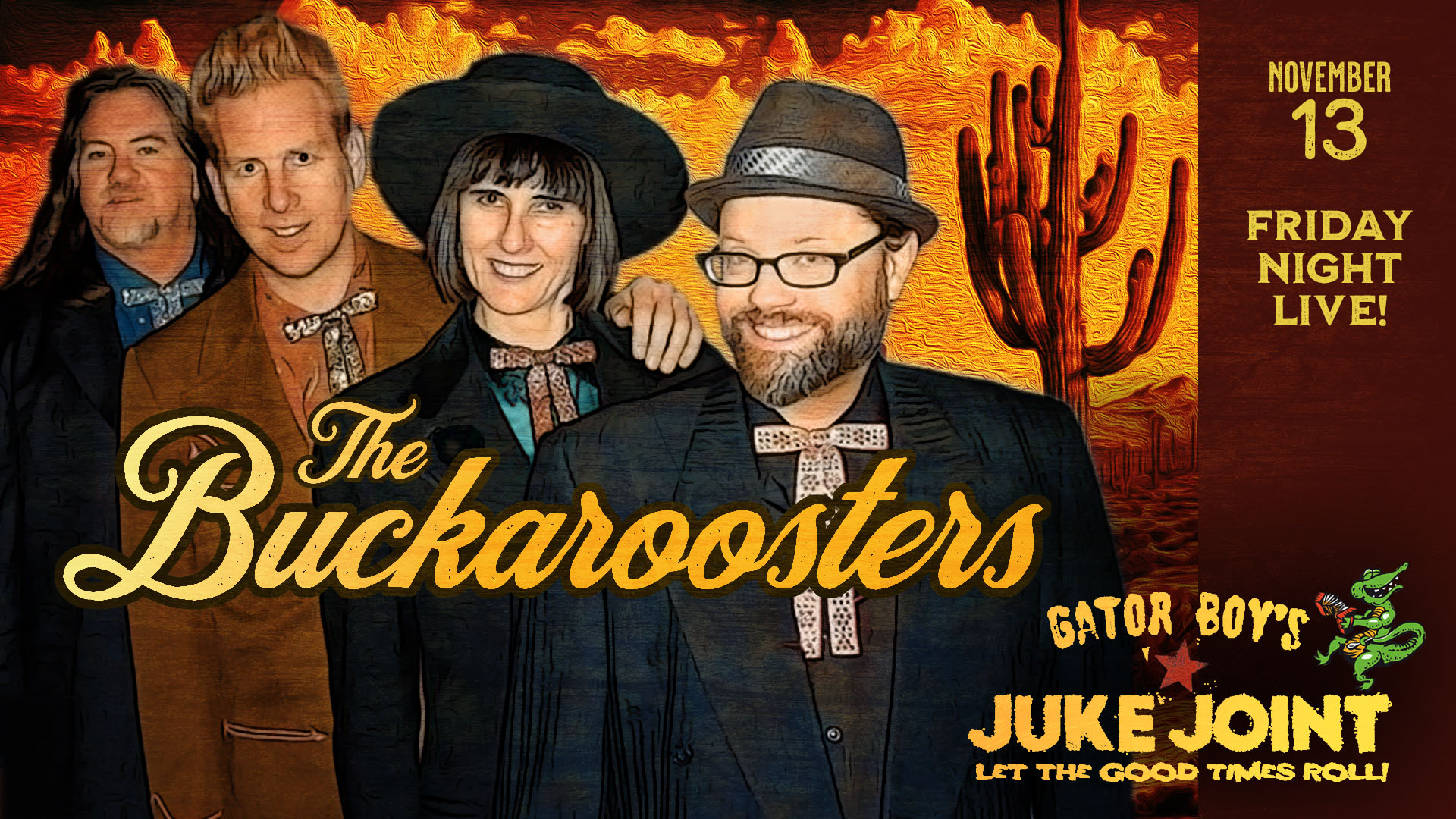 Photo of the four members of The Buckaroosters, playing live at Gator Boy's Juke Joint November 13