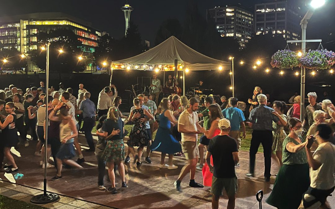 Crowd of dancers at a Dancing til Dusk event, Summer 2025
