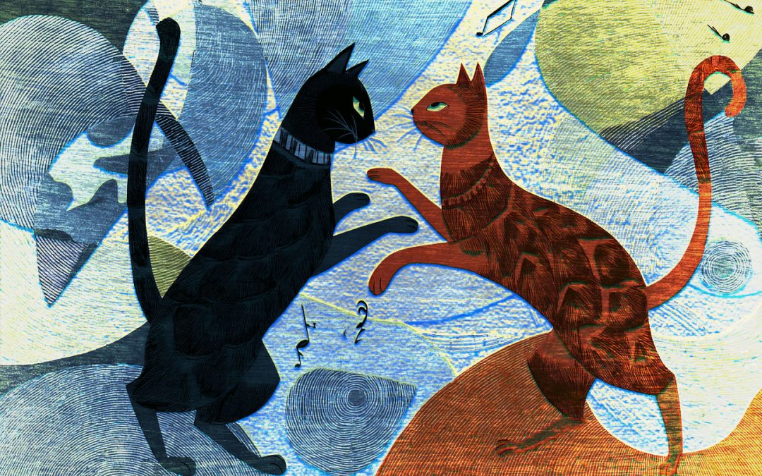 Illustration of two cats dancing