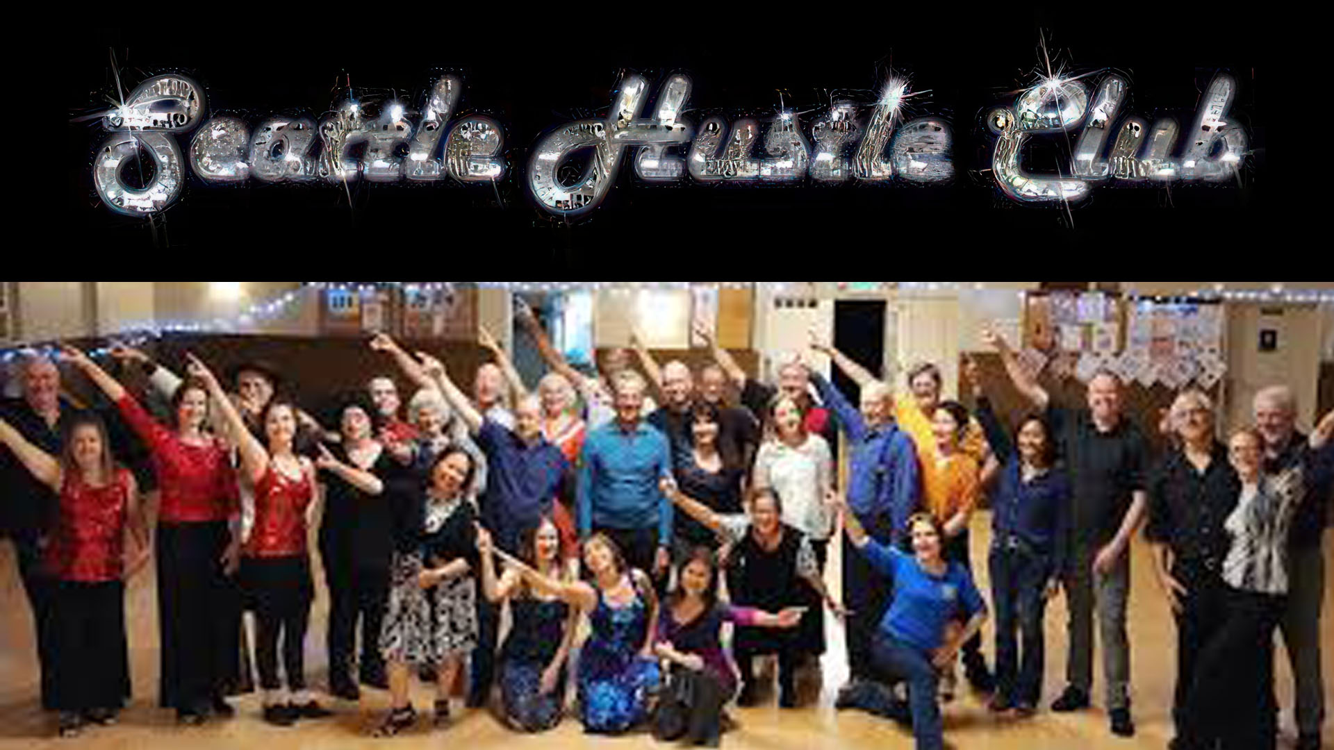 Seattle Hustle Club dancers and logo promoting 1st Friday dance