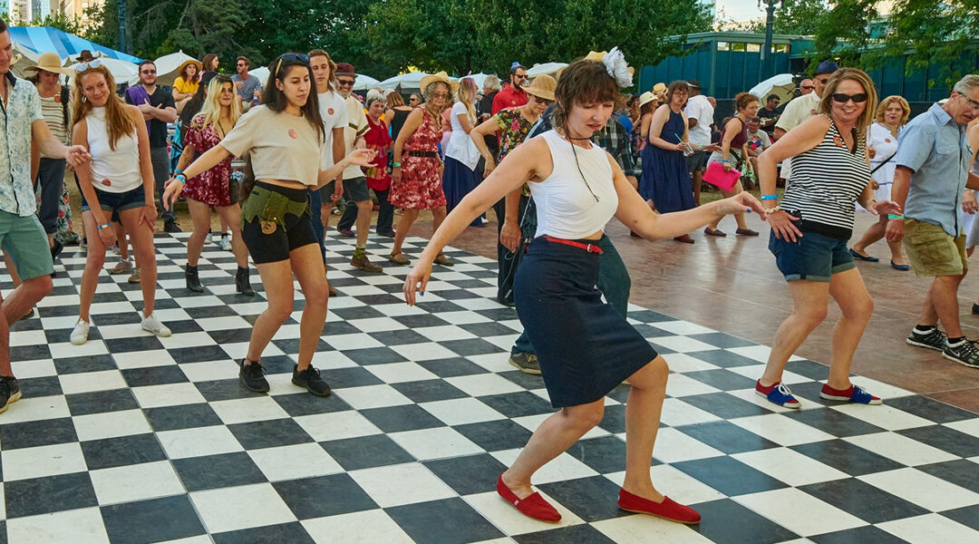 Photo of Brenda Russell and students dancing at Waterfront Blues Festival, Portland