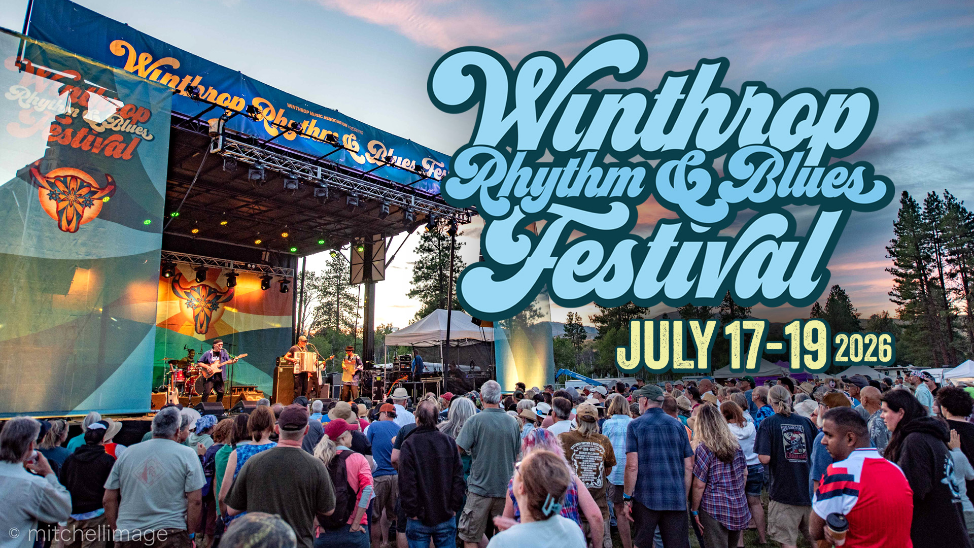 Photo of a crowd at a stage at Winthrop Rhythm & Blues Festival