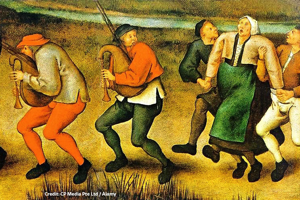 Image with musicians and dancers depicting choreomania, or dance plague