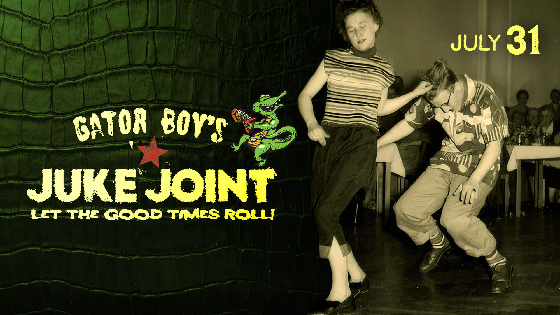 Image of dancers, woman tugging on guy's hair, promoting Gator Boy's Juke Joint